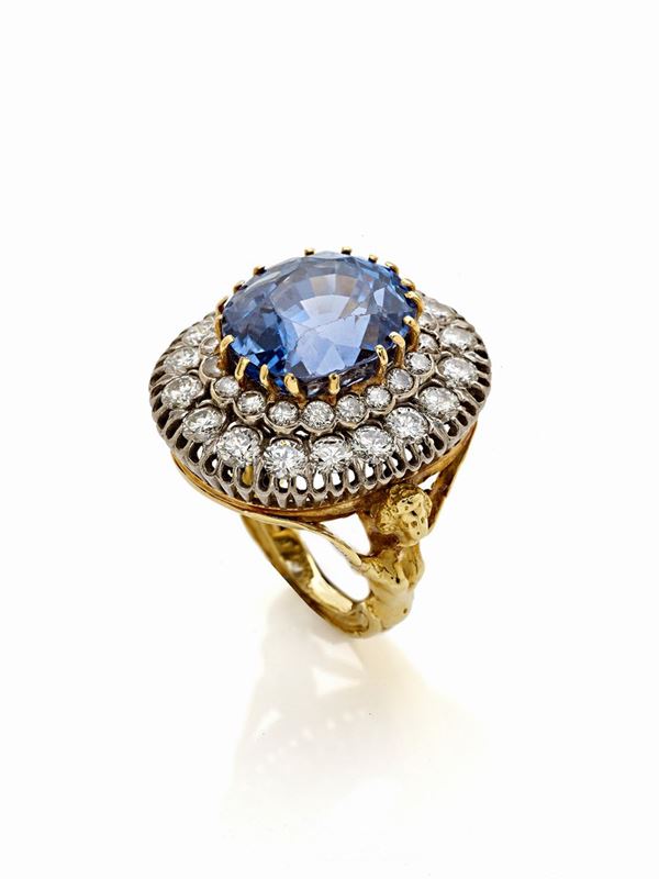 Anello oro giallo con zaffiro e diamanti