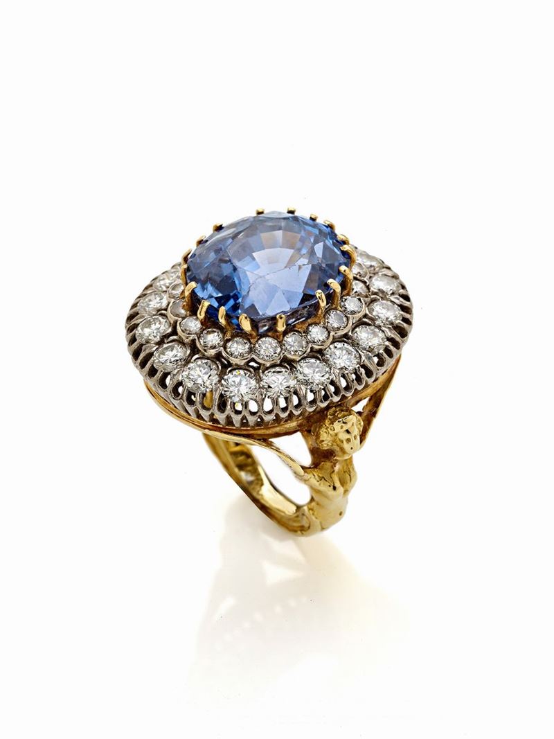 Anello Oro Giallo con Zaffiro e Diamanti