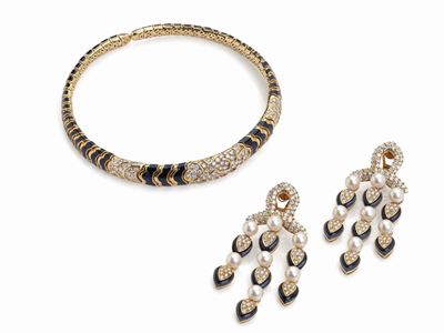 Demi Parure in Oro Giallo, Smalto e Diamanti