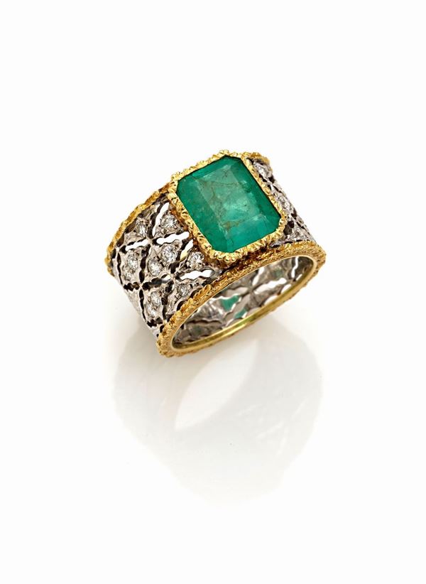 Mario Buccellati : Anello a fascia con smeraldo firmato Mario Buccellati  - Asta Gioielli e Orologi del XX Secolo - Faraone Casa d'Aste