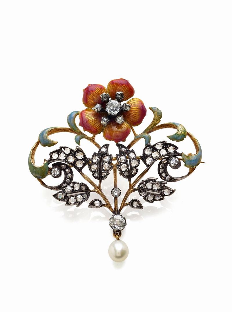 Spilla Fiori in Oro Giallo, Smalti, Perle e Diamanti Old Cut