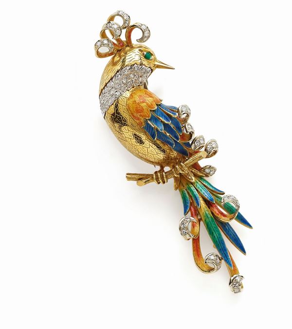 Spilla uccello in oro giallo e smalti  - Auction Gioielli e Orologi del XX Secolo - Faraone Casa d'Aste