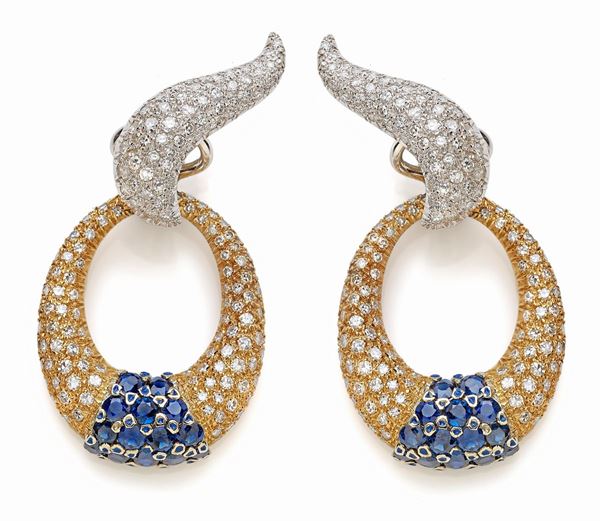 Orecchini pav&#232; diamanti e zaffiri  - Asta Gioielli e Orologi del XX Secolo - Faraone Casa d'Aste
