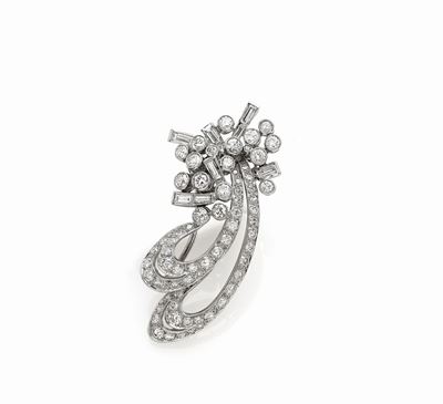 Spilla in Platino con Diamanti Taglio Brillante e Baguette