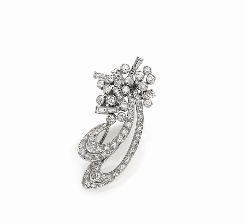 Spilla in Platino con Diamanti Taglio Brillante e Baguette