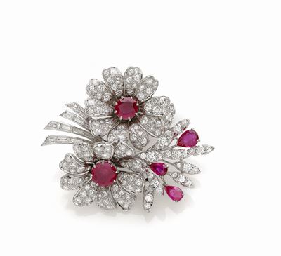 Spilla Fiore in Platino e Diamanti e Rubini