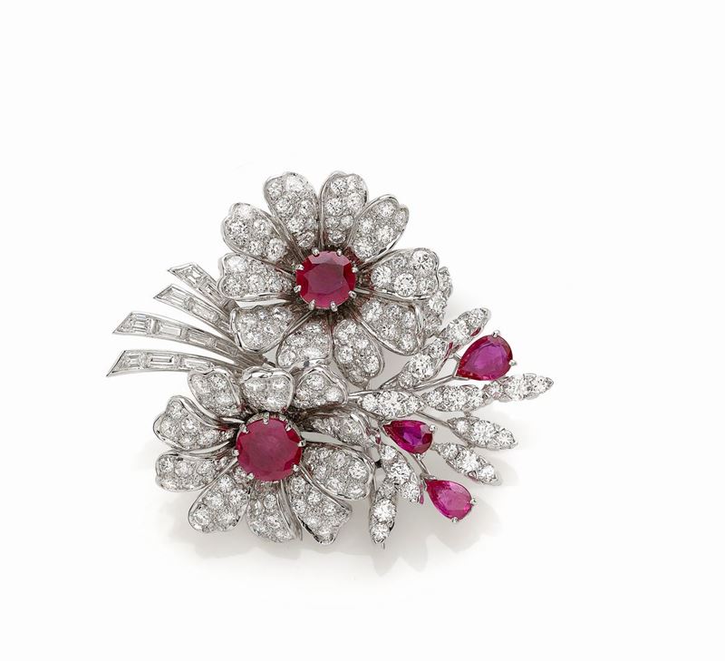 Spilla Fiore in Platino e Diamanti e Rubini