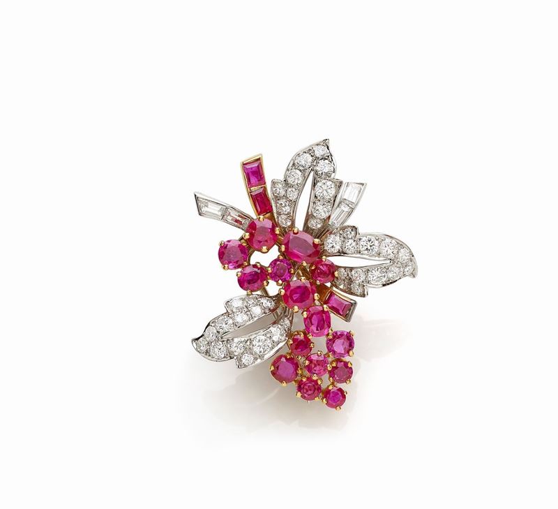 Spilla Fiori Diamanti e Rubini