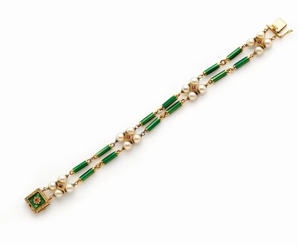 Bracciale in oro e smalti con perle 
