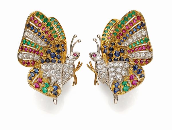 Orecchini farfalla in oro e gemme  - Auction Gioielli e Orologi del XX Secolo - Faraone Casa d'Aste