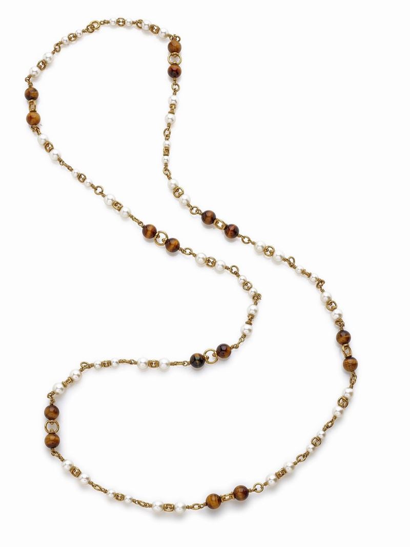 Collana Lunga Firmata Cusi in Oro Giallo, Perle e Occhio di Tigre
