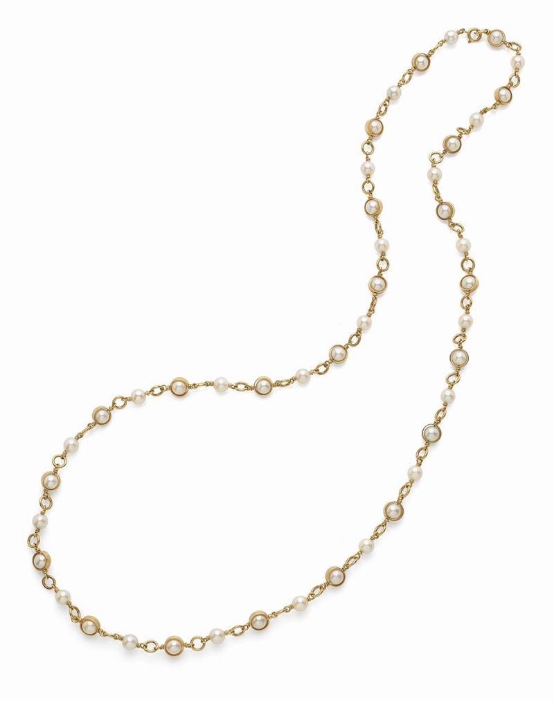Collana Lunga Firmata Cusi in Oro Giallo e Perle