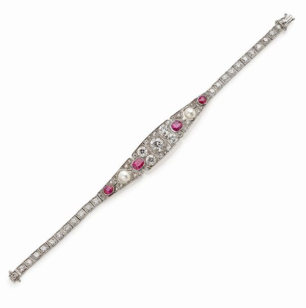 Bracciale diamanti, rubini e perle