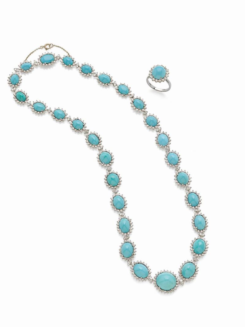 Collana e Anello Oro Bianco con Turchese e Diamanti