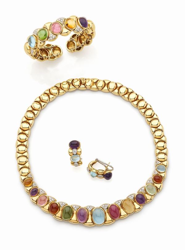 Parure in oro giallo, diamanti e pietre semipreziose