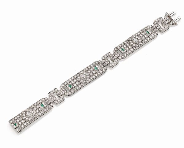 Bracciale in platino, diamanti e smeraldi