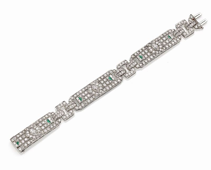 Bracciale in Platino, Diamanti e Smeraldi