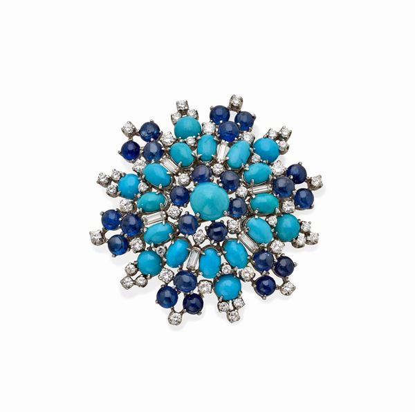 Spilla con diamanti, zaffiri e turchesi   - Auction ASTA LIVE GIUGNO - Faraone Casa d'Aste