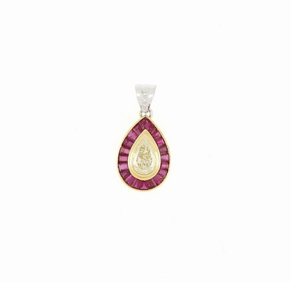Pendente goccia diamante e rubini