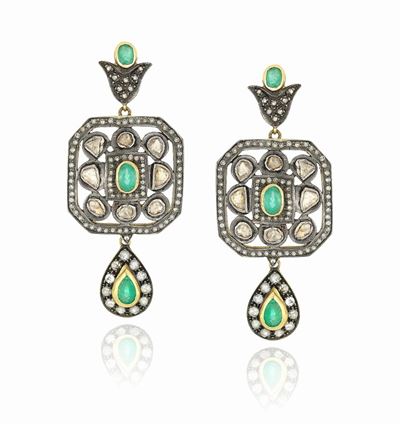 Orecchini in Oro e Argento con Diamanti e Smerladi