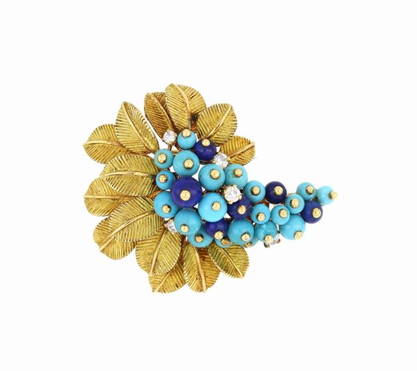 Spilla in oro con turchesi, lapis e diamanti  - Asta PIETRE DURE E SEMIPREZIOSE - Faraone Casa d'Aste