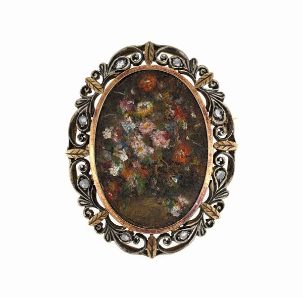 Spilla dipinto in argento  - Asta PIETRE DURE E SEMIPREZIOSE - Faraone Casa d'Aste