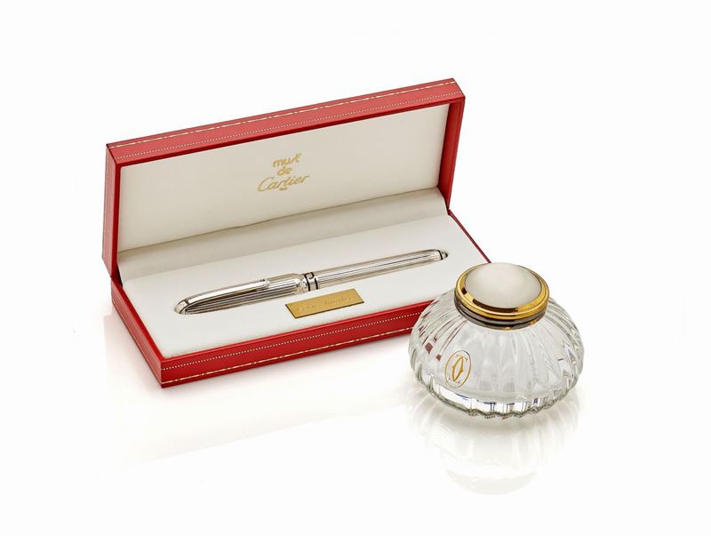 Set Penna in Argento e Porta Inchiosto Cartier con Scatola e Garanzie