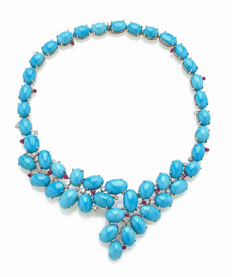 Collana Oro Bianco e Turchesi