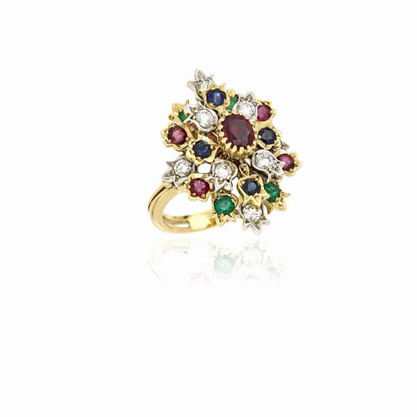 Anello con diamanti, zaffiri, rubini e smeraldi  - Auction ASTA A TEMPO MAGGIO-GIUGNO - Faraone Casa d'Aste