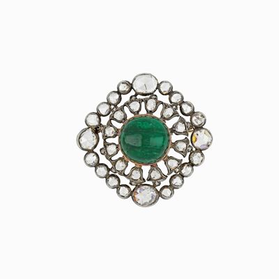 Spilla Antica con Diamanti e Smeraldo Cabochon
