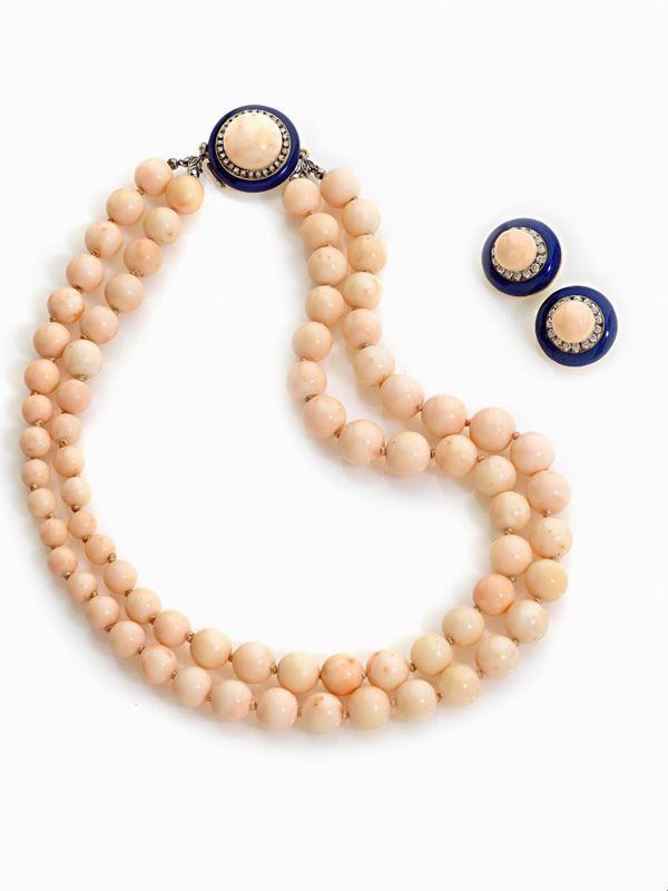 Collana e orecchini in oro con corallo e diamanti  - Asta GIOIELLI OROLOGI E LUXURY GOODS - Faraone Casa d'Aste