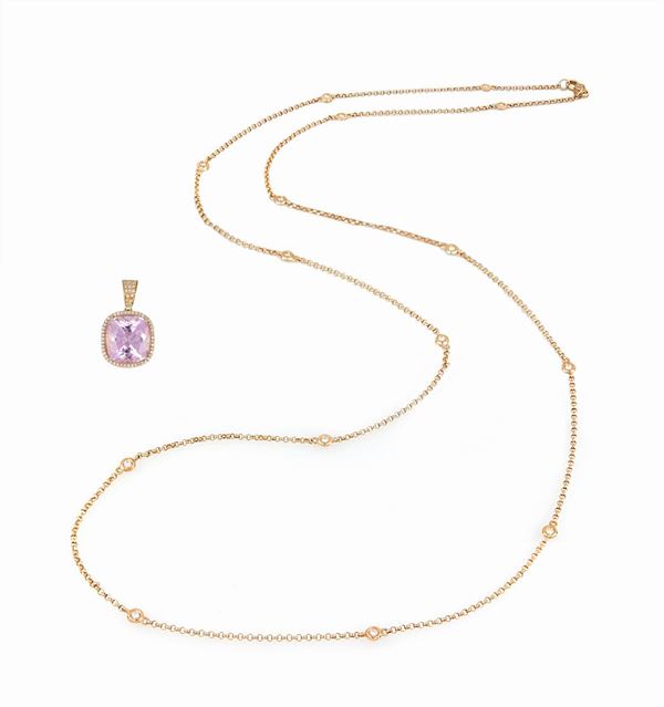 Collana lunga con kunzite e diamanti 