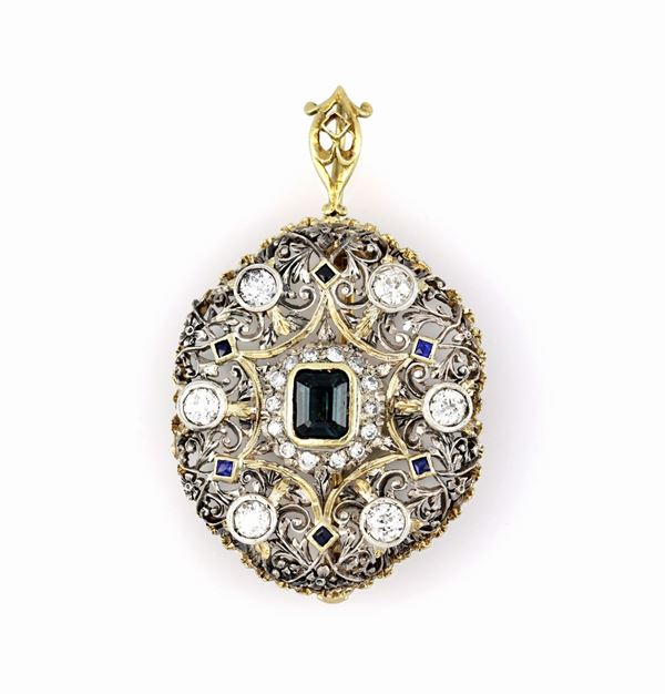 Spilla/pendente con diamanti e zaffiro 