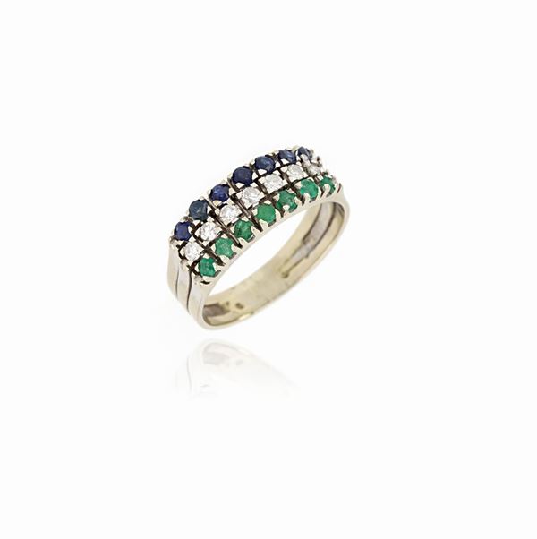 Anello riviere zaffiri, diamanti e smeraldi