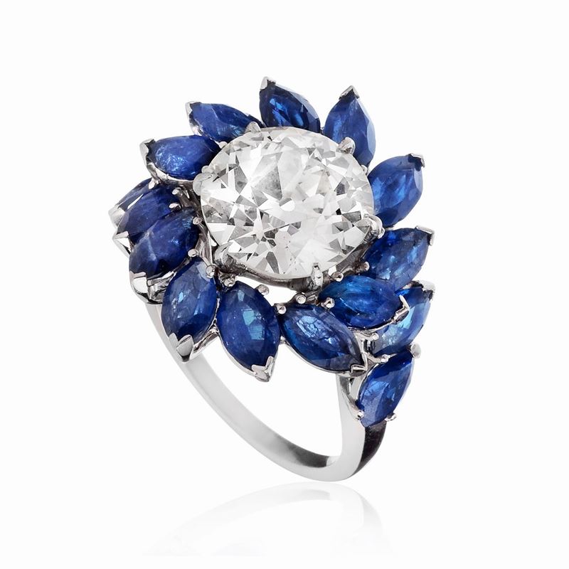 Anello Floreale con Diamante Old Cut e Zaffiri