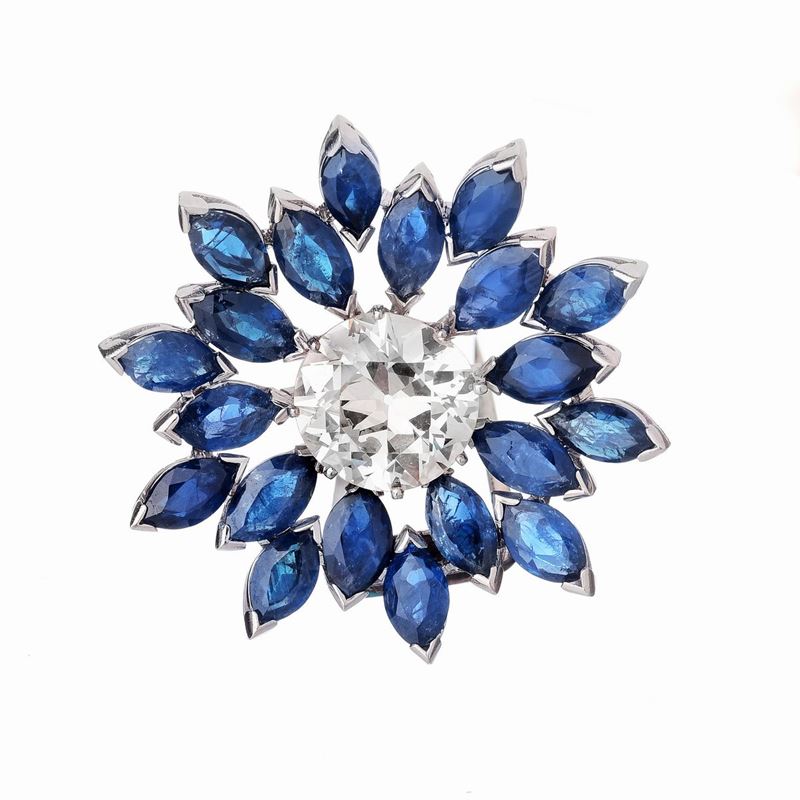 Spilla con Diamante Old Cut e Zaffiri