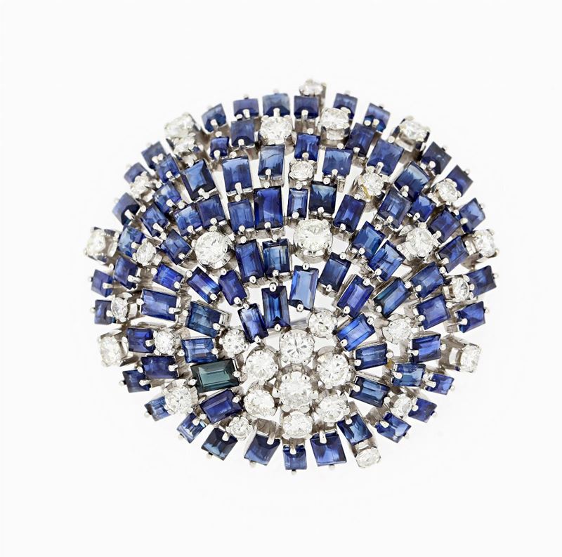 Spilla Oro Bianco Zaffiri e Diamanti 3 Ct