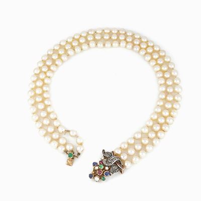 Collana Perle con Fermezza in Oro Argento e Gemme