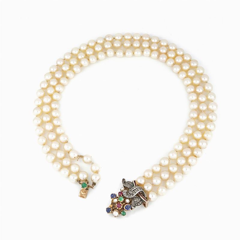 Collana Perle con Fermezza in Oro Argento e Gemme