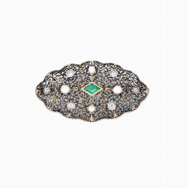 Spilla anni '30 ramage con smeraldo, perle e diamanti