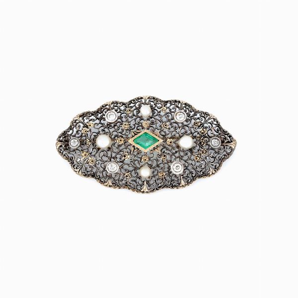 Spilla ramage con smeraldo, perle e diamanti  - Auction GIOIELLI E OROLOGI  XX SECOLO - Faraone Casa d'Aste