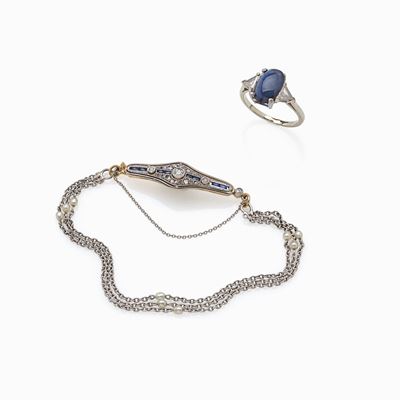 Anello Zaffiro Cabochon e Bracciale con Diamanti e Zaffiri Sintetici