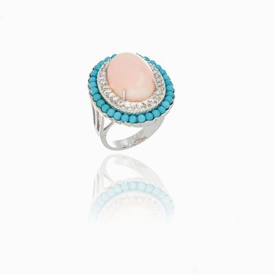 Anello con Corallo Rosa, Turchese e Diamanti