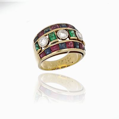 Anello a Fascia con Diamanti, Smeraldi, Zaffiri e Rubini