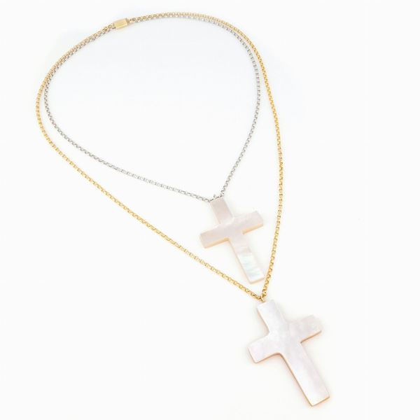 Collana doppia Chimento in oro bianco e giallo e madreperla