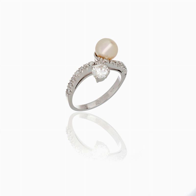 Anello Contrariè in Oro Bianco con Perla e Diamanti