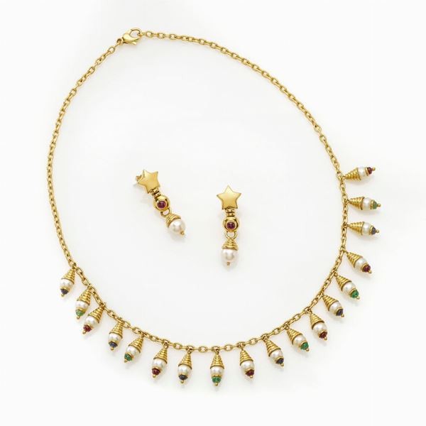 Demi-parure con perle e pietre multicolori