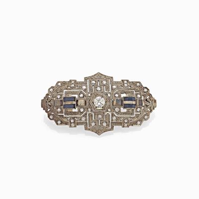 Spilla in Oro Bianco con Diamanti e Onice