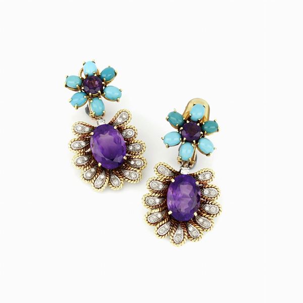 Gold earrings with diamonds; amethysts and turquoise