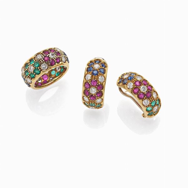 Demi-parure in oro giallo con diamanti, rubini e zaffiri  - Auction GIOIELLI E OROLOGI - Faraone Casa d'Aste